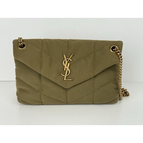 SAINT LAURENT Small Puffer Wool Chevron Quilt Shoulder Bag in Olive Green - Picture 2 of 13